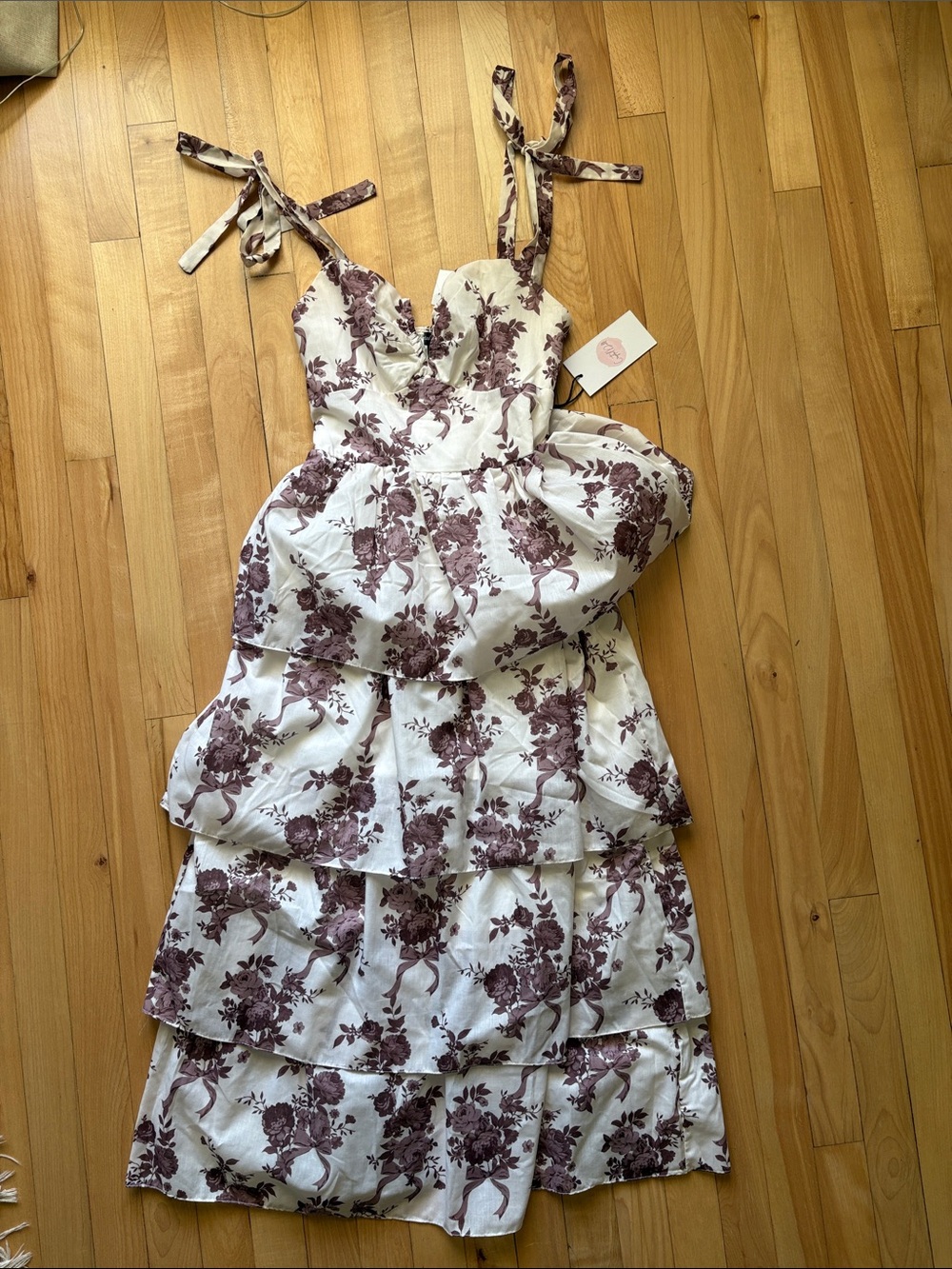 Crystal Doll White Tiered Floral Dress with Mauve Print